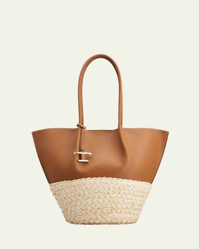 Bux Medium Leather & Woven Leaf Shopping Tote Bag